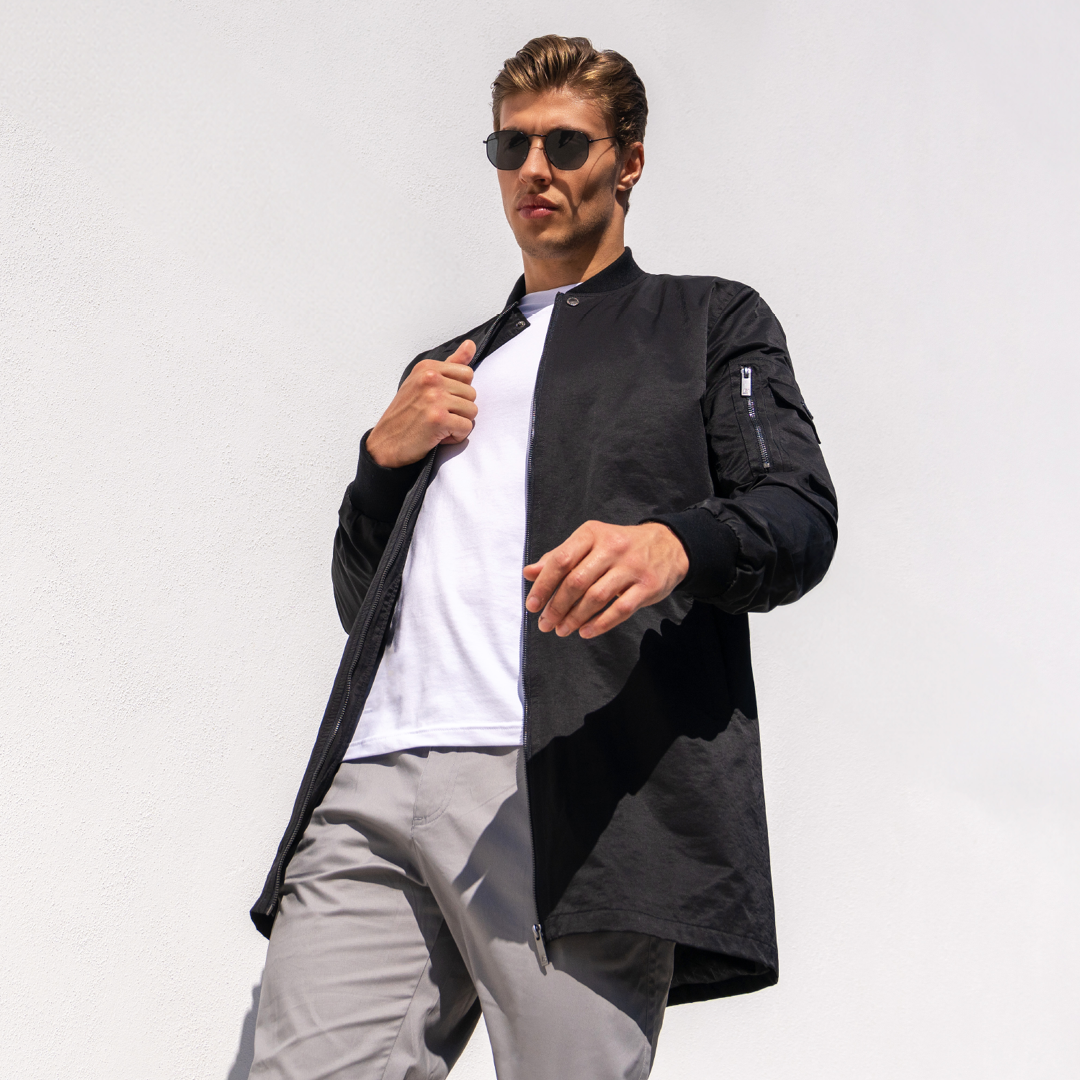 Neves Longline Bomber Jacket - Black - Image 7