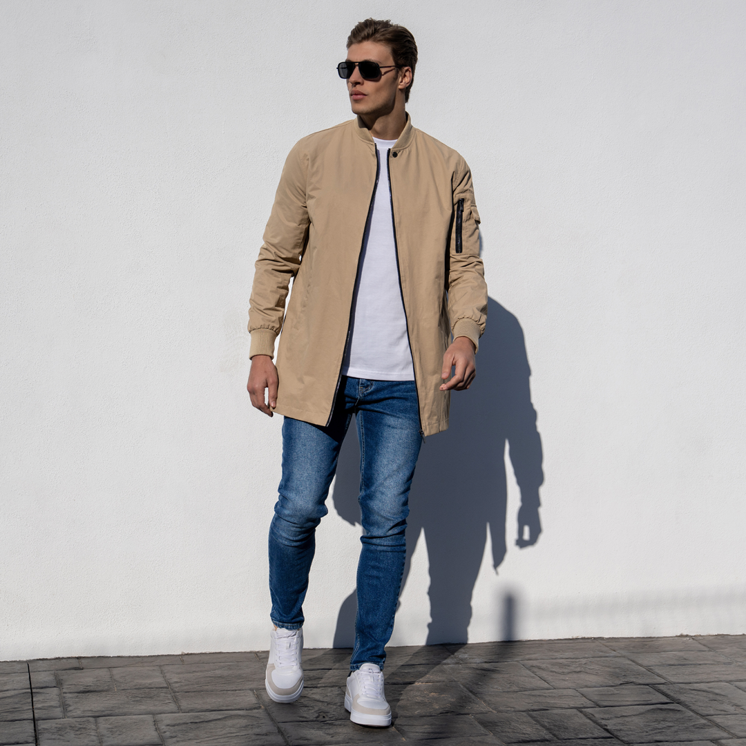 Neves Longline Bomber Jacket - Sand - Image 7